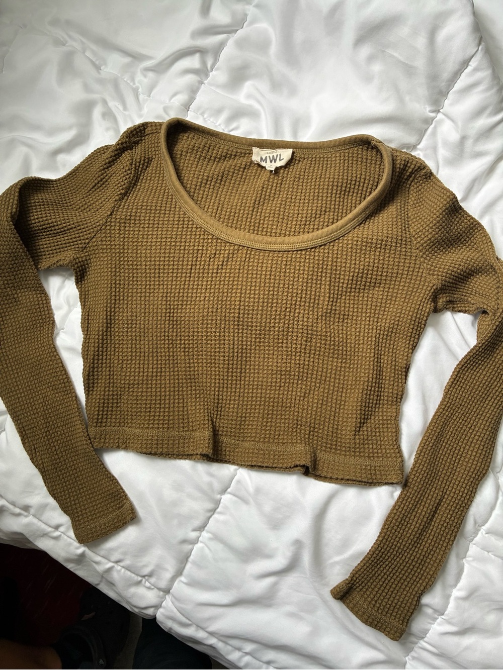 Madewell Olive Waffle Knit Long-Sleeve Crop Top